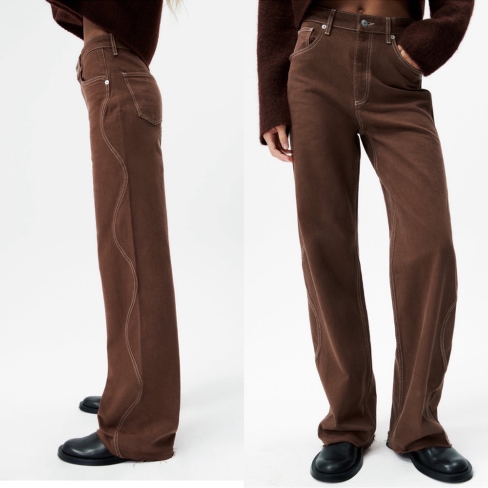 ZARA Wide Leg Full Length Brown Jeans, Western Wavy Seam, Size 2, Style 7215/241